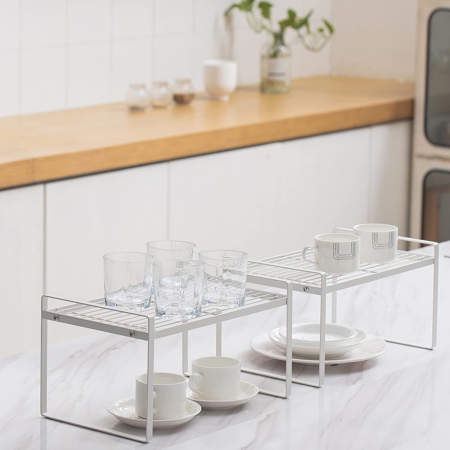 2-Pack Stackable Steel Frame Organizer Racks for Kitchen Cabinets, Pantries, and Office Desks - Rust Resistant and Non-Slip, White Finish