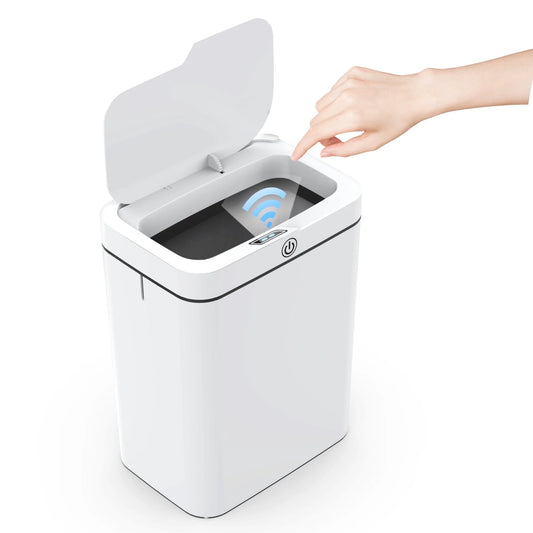 Touchless Automatic Bathroom Trash Can with Lid, 3.95 Gallon Slim Plastic Waste Bin for Home and Office Use