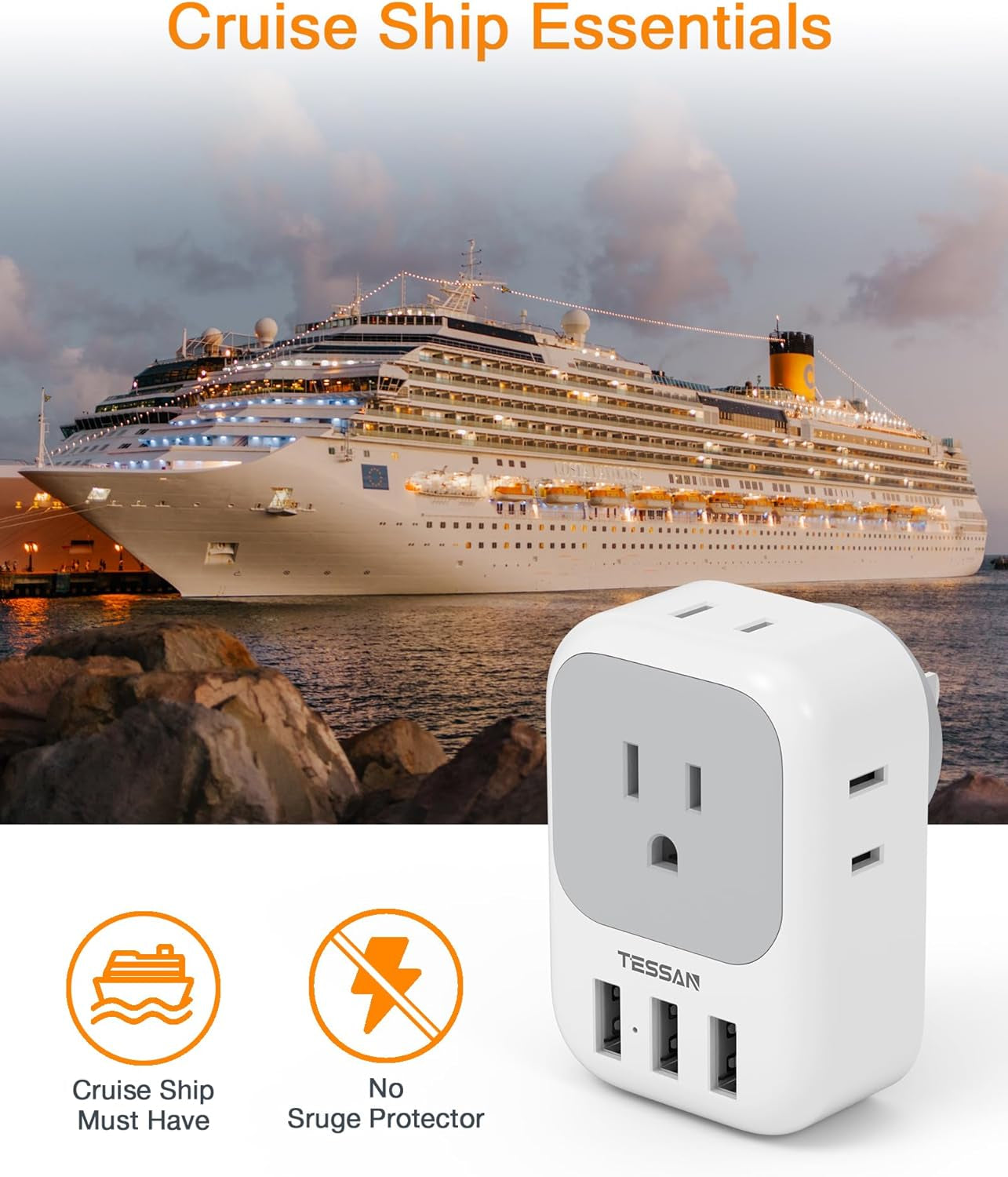 USB Charger Block - Wall Plug Adapter with 4-Outlet Splitter and 3 USB Charging Ports for Travel, Office, and Dorm Use
