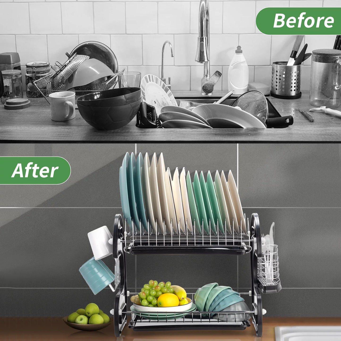 2-Tier Stainless Steel Dish Drainer Drying Rack with Large Capacity for Kitchen Storage - Dimensions: 22.83" L x 11" W x 14.57" H