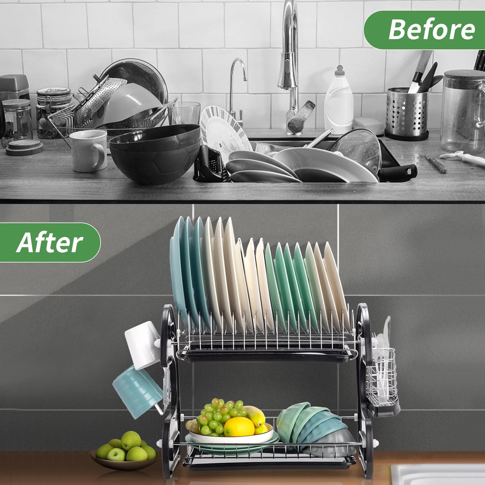 2-Tier Stainless Steel Dish Drainer Drying Rack with Large Capacity for Kitchen Storage - Dimensions: 22.83" L x 11" W x 14.57" H