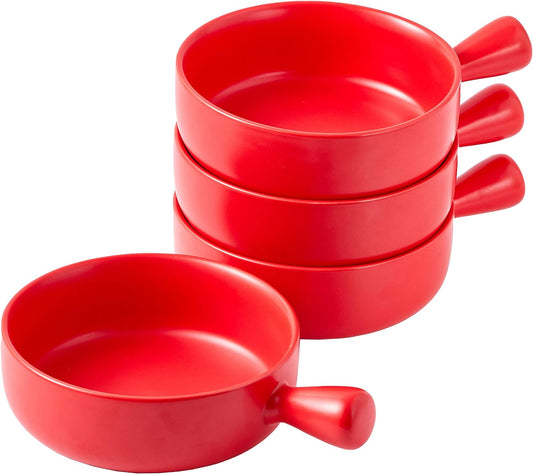 Set of 4 Red 20 Oz Round Flat Porcelain Soup Bowls with Handles for French Onion Soup, Ideal for Kitchen or Dining Table Decor