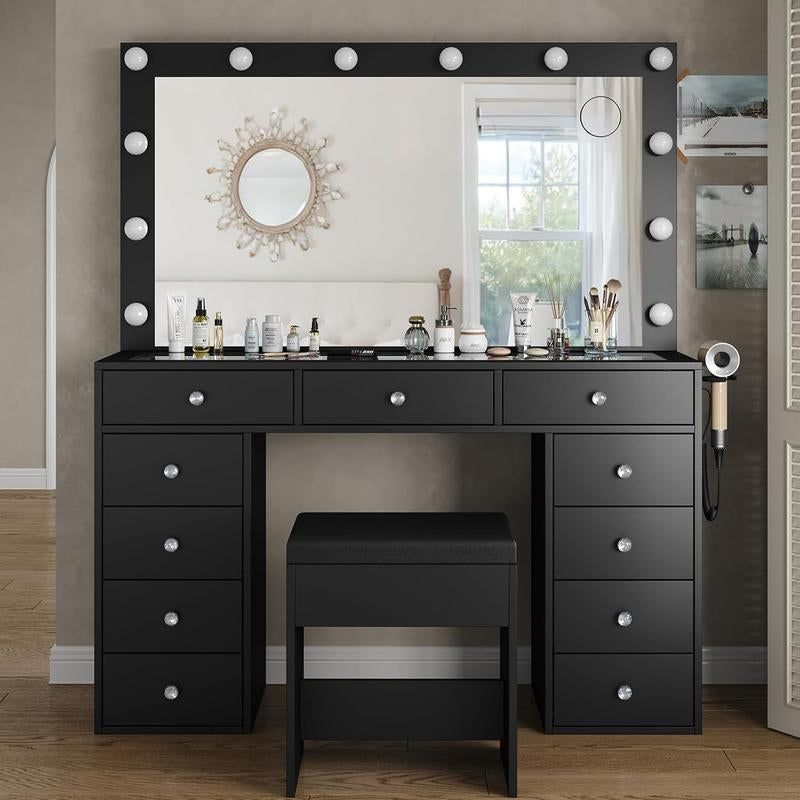 FUSOU 47" Vanity Desk with 11 Drawers, Power Outlet, Mirror, 12 LED Lights, 3 Lighting Modes, Glass Top, and Chair - Ideal Dressing Table for Bedroom and Dressing Room