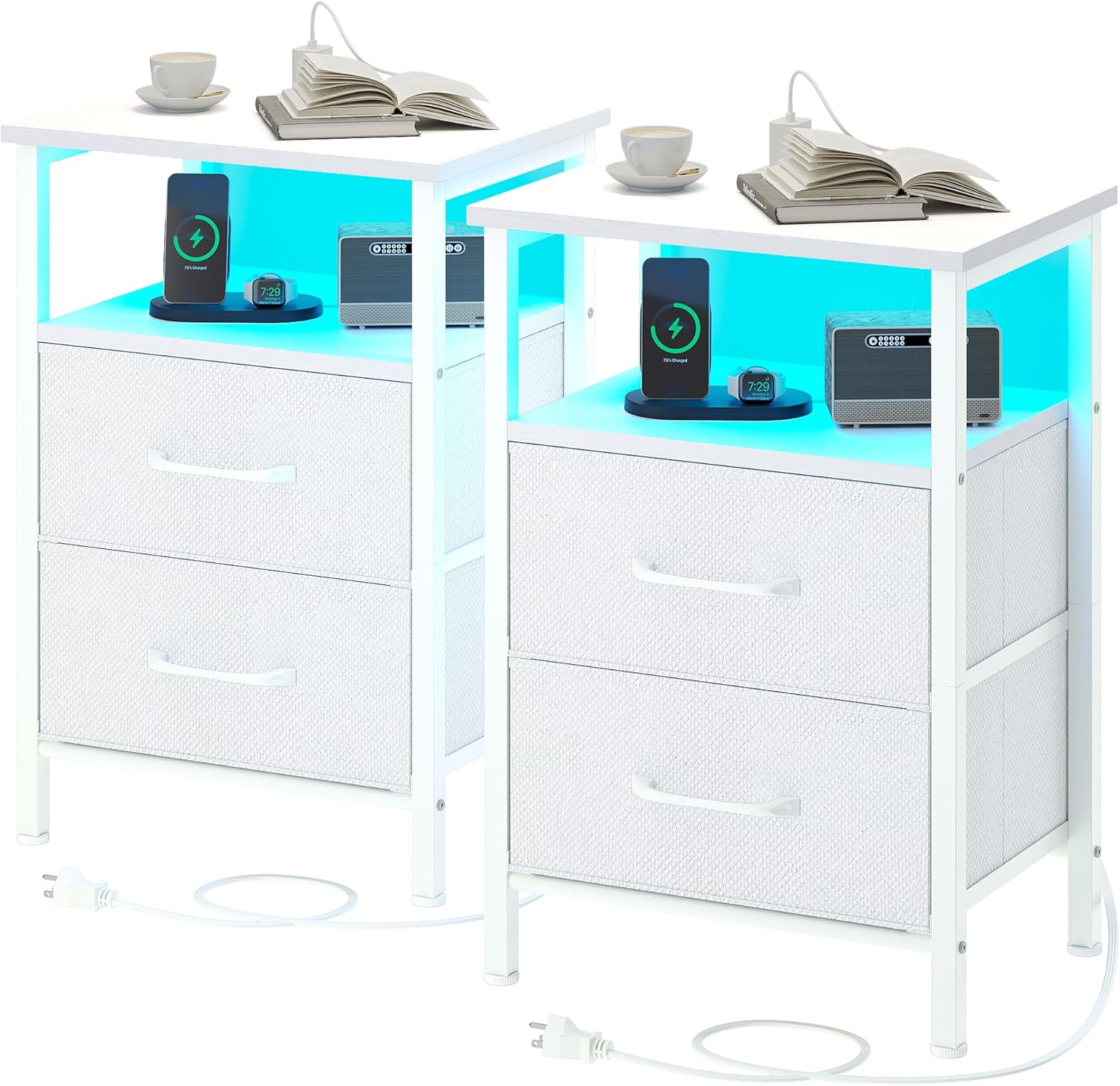Nightstands Set of 2, Night Stand with Charging Station and Led Lights, Bedside Table with 2 Fabric Drawers for Bedroom, Small Side End Table with Open Shelf, White