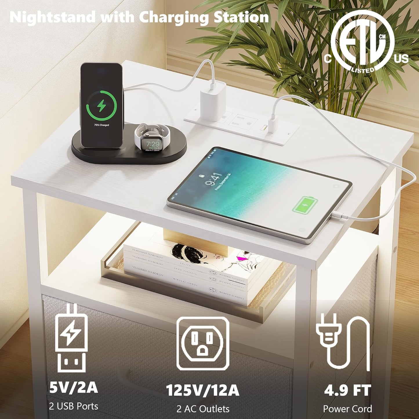 Nightstands Set of 2, Night Stand with Charging Station and Led Lights, Bedside Table with 2 Fabric Drawers for Bedroom, Small Side End Table with Open Shelf, White