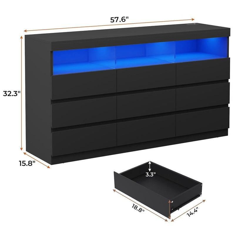 Sikaic Modern Dresser Chest with 9 Handle-Free Drawers and LED RGB Lighting for Bedroom Storage and Organization