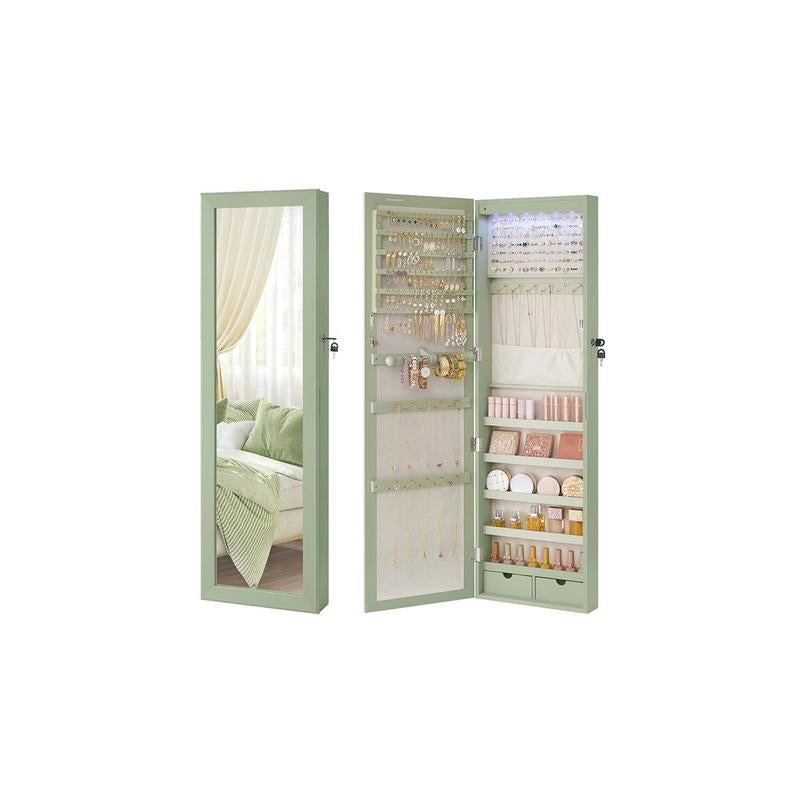SONGMICS LED Jewelry Cabinet with Lockable Rounded Wide Mirror, Wall or Door Mounted Organizer with Interior Storage