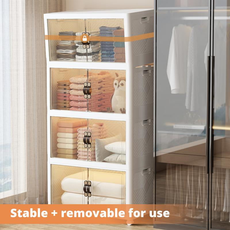 IRONCK XXXL Collapsible Storage Cabinet with Magnetic Transparent Doors and Wheels - Versatile Large Capacity Organizer for Bedroom, Kitchen, and Living Room, No Assembly Required Plastic Storage Solution (High Load-Bearing)