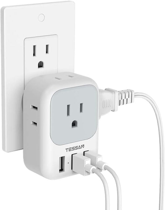 USB Charger Block - Wall Plug Adapter with 4-Outlet Splitter and 3 USB Charging Ports for Travel, Office, and Dorm Use