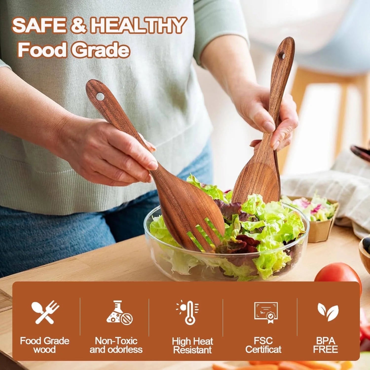 Natural Teak Wooden Cooking Utensil Set, 9-Piece Kitchen Collection with Holder and Spoon Rest, Ideal for Nonstick Pans and Cookware