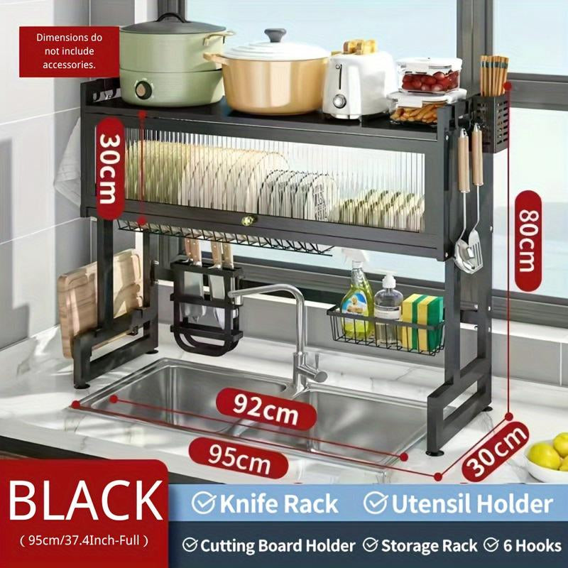 Over-Sink Dish Drying Rack - Versatile Utensil Holder with Knife Slot, Chopstick and Cutlery Drainer, Space-Saving Countertop Organizer for Hygienic Drying and Storage, Includes Protective Cover - Black