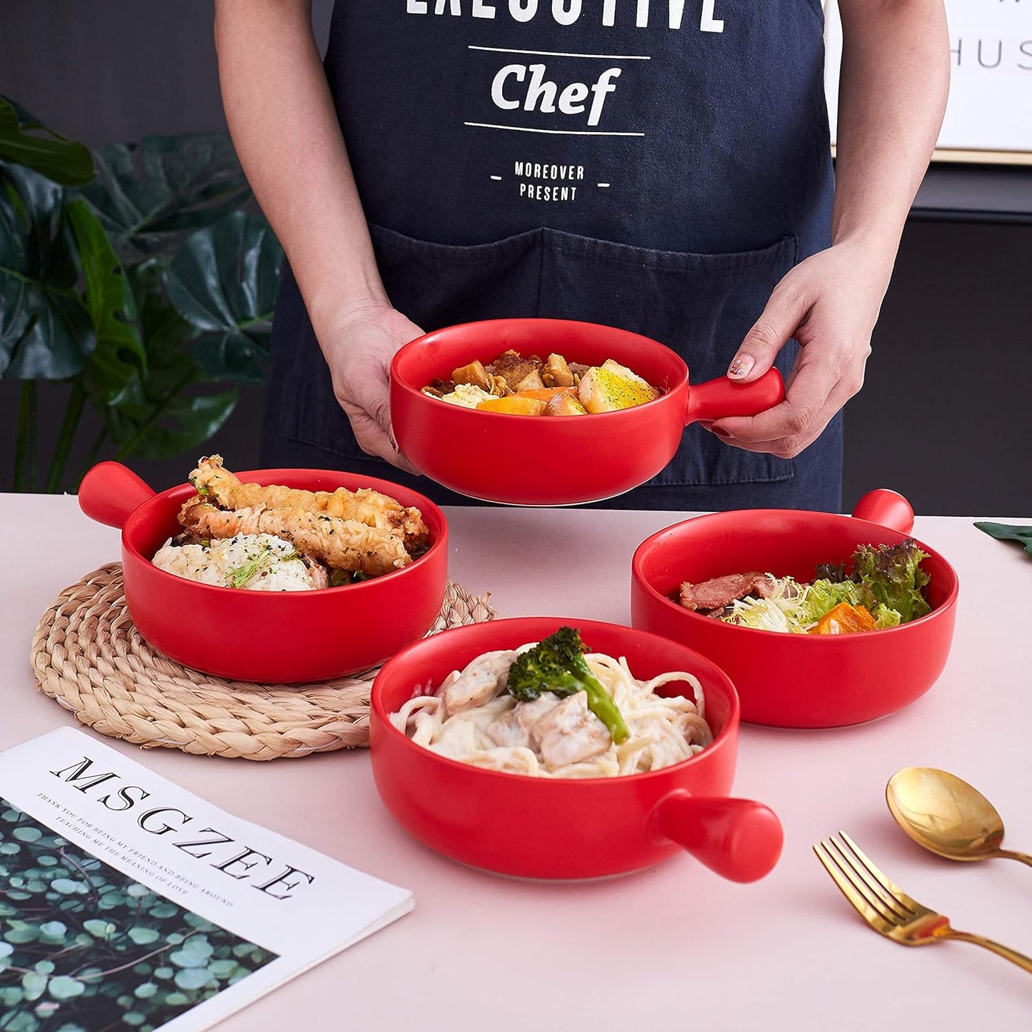 Set of 4 Red 20 Oz Round Flat Porcelain Soup Bowls with Handles for French Onion Soup, Ideal for Kitchen or Dining Table Decor