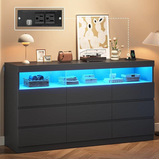 Sikaic Modern Dresser Chest with 9 Handle-Free Drawers and LED RGB Lighting for Bedroom Storage and Organization
