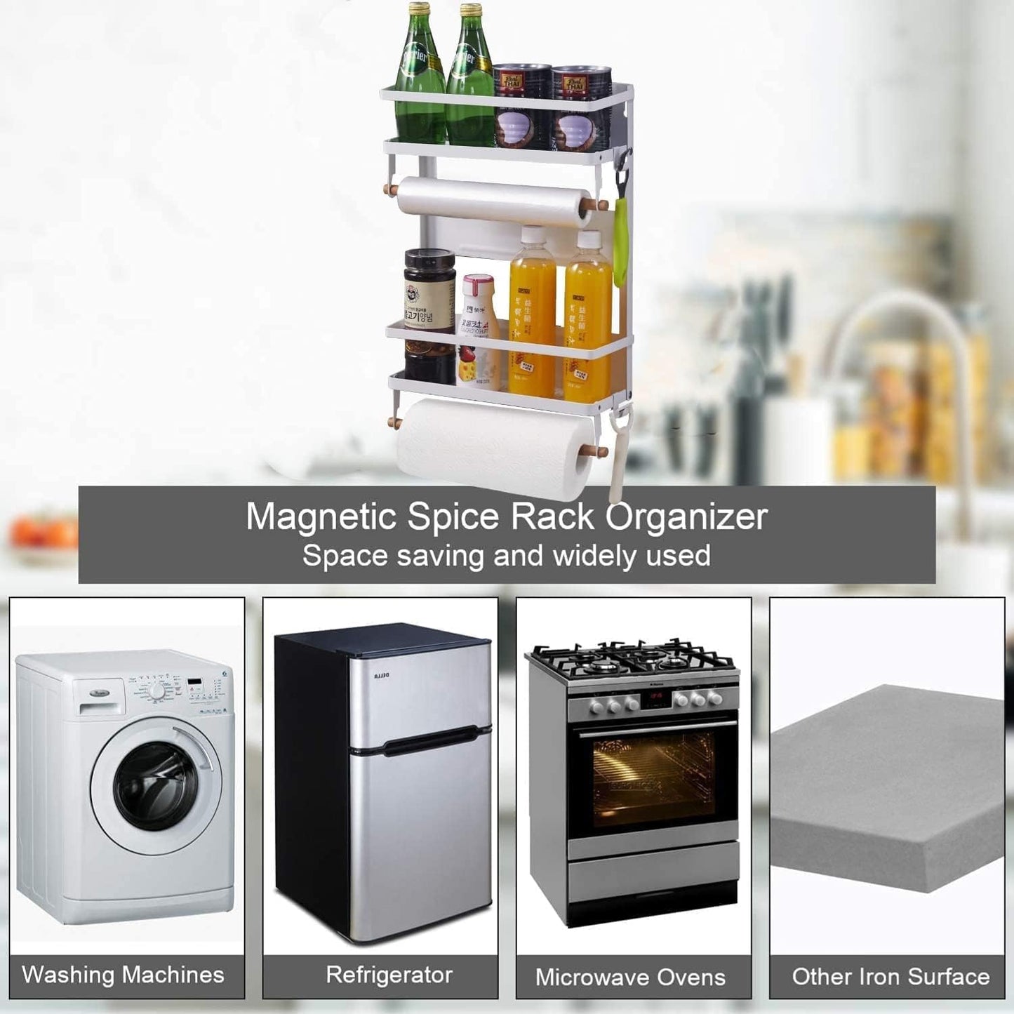 Magnetic 2-Tier Spice Rack and Paper Towel Holder - Premium Kitchen Organizer and Storage Solution for Refrigerators - Large White Design