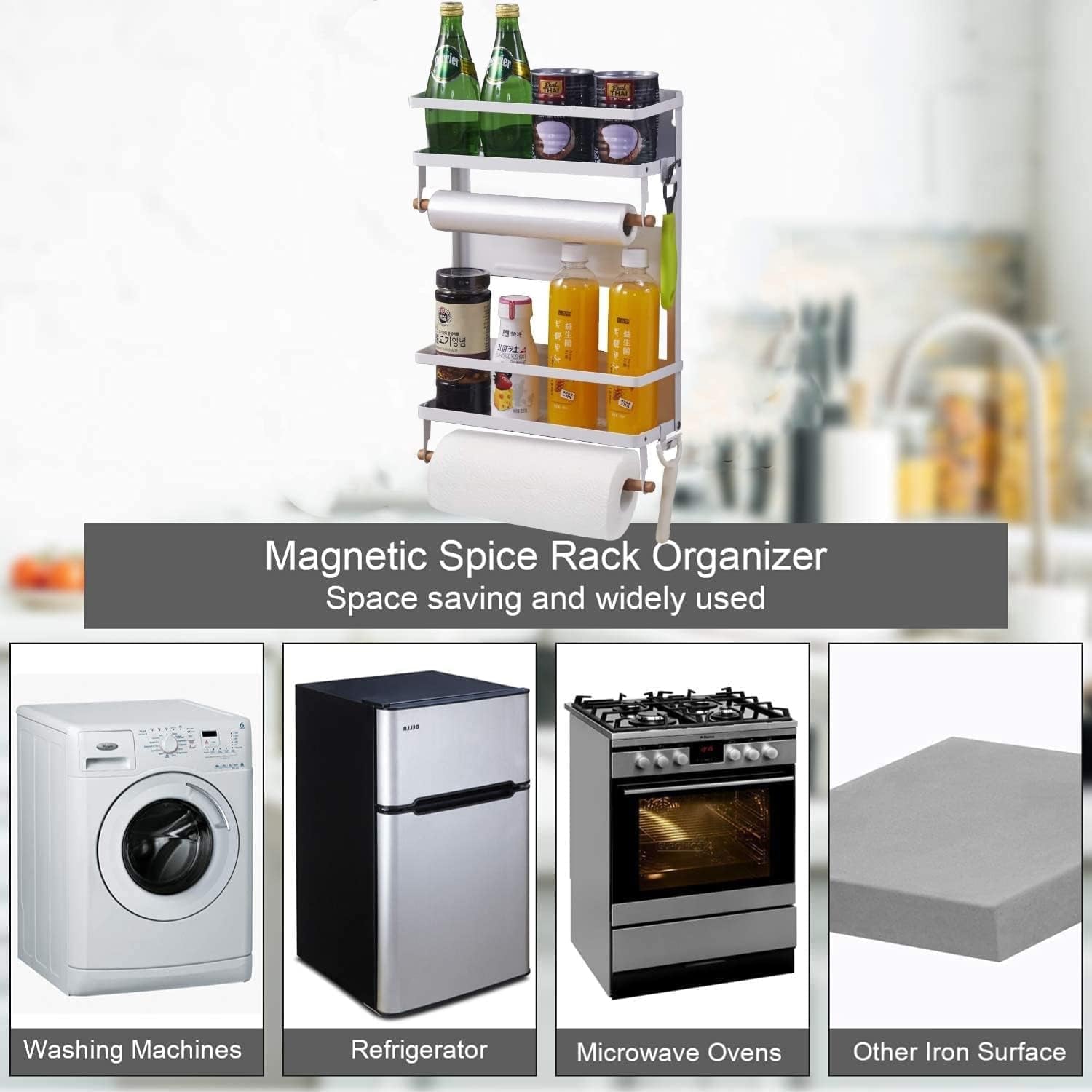 Magnetic 2-Tier Spice Rack and Paper Towel Holder - Premium Kitchen Organizer and Storage Solution for Refrigerators - Large White Design