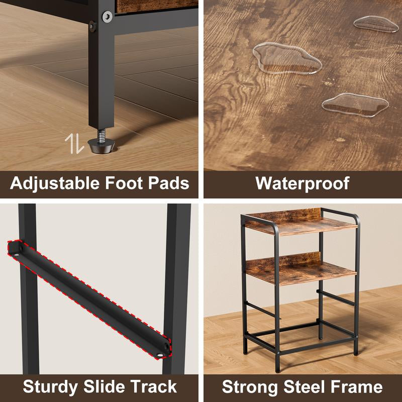 Rustic Brown and Black Nightstand with Open Shelf and Fabric Drawers for Bedroom and Living Room Storage