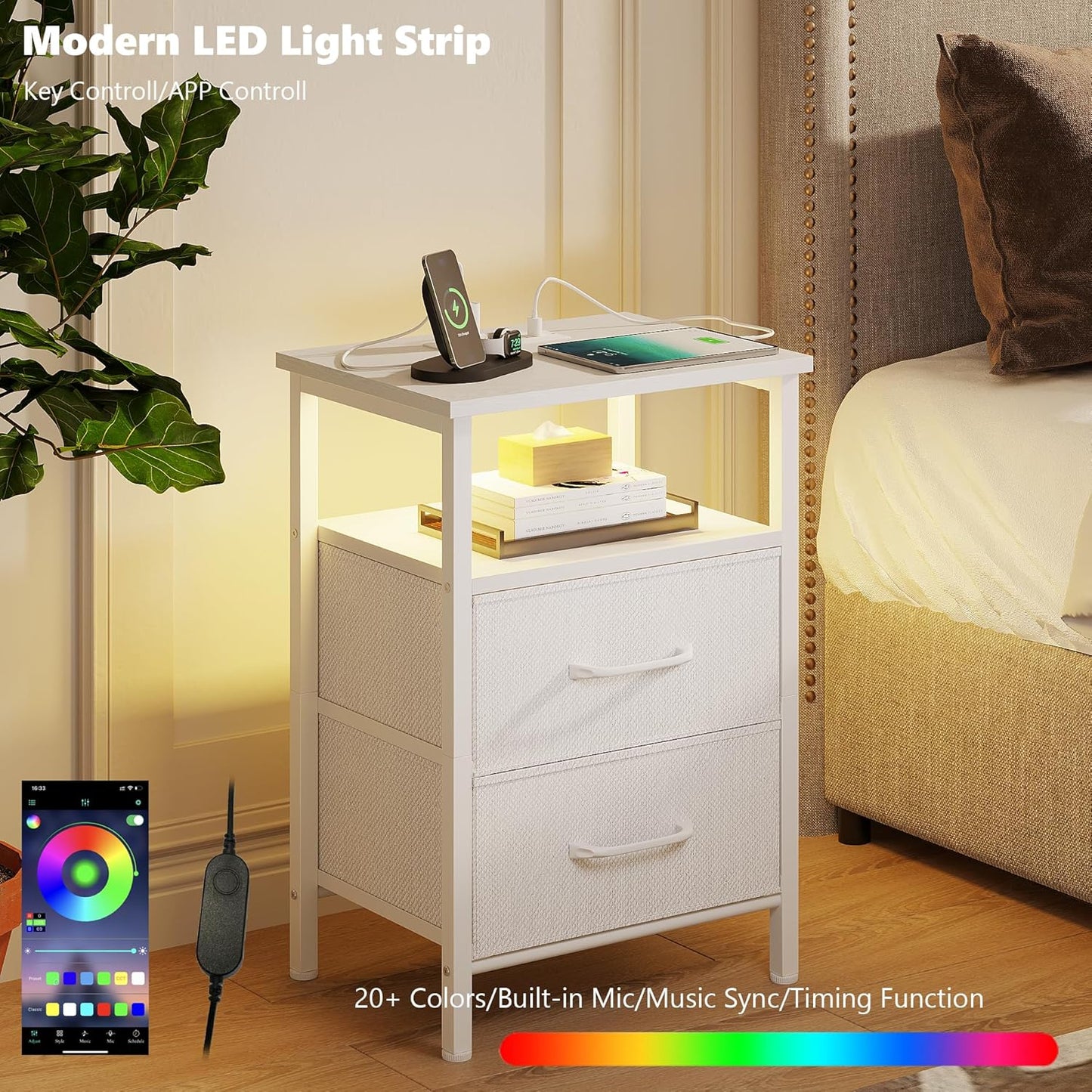 Nightstands Set of 2, Night Stand with Charging Station and Led Lights, Bedside Table with 2 Fabric Drawers for Bedroom, Small Side End Table with Open Shelf, White