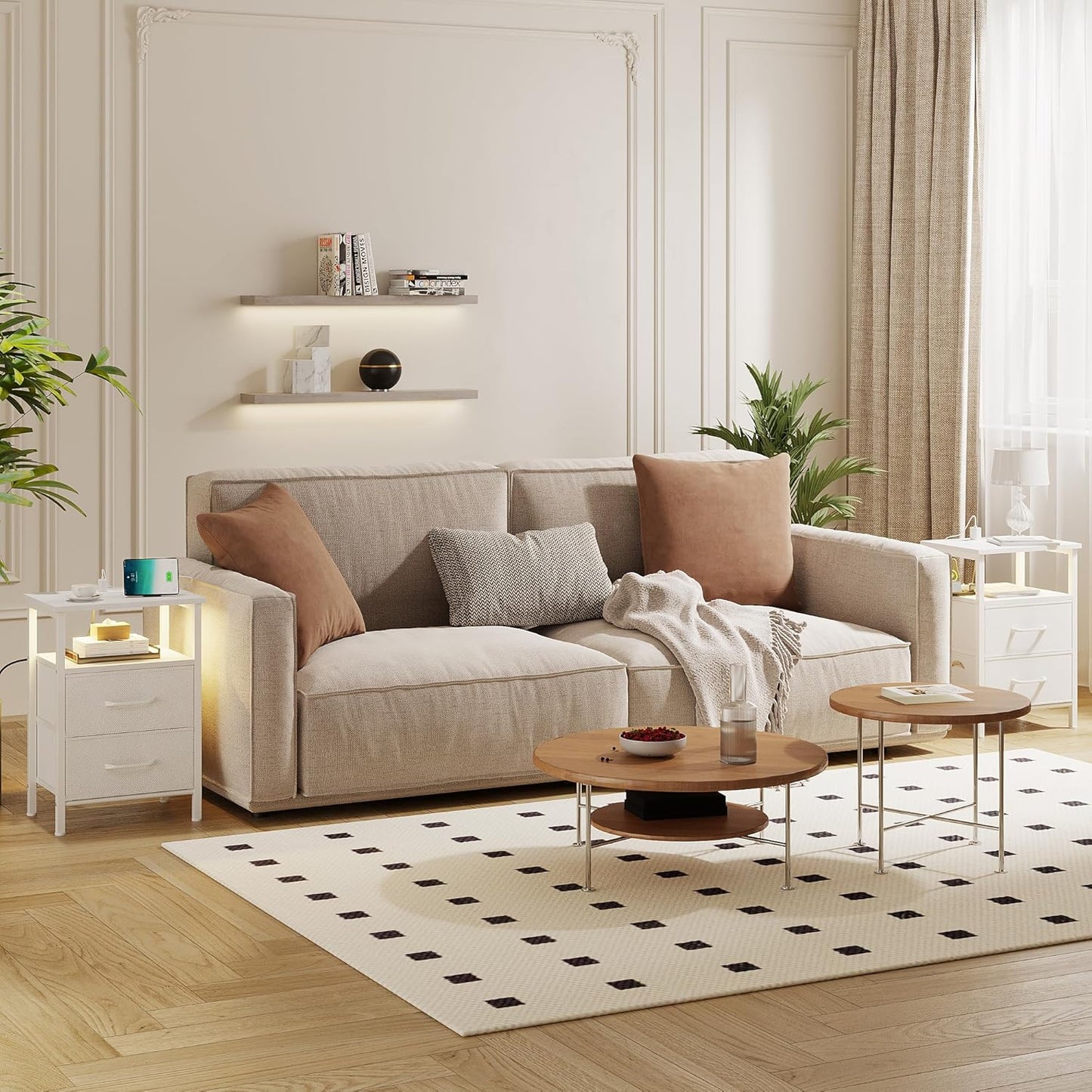 Nightstands Set of 2, Night Stand with Charging Station and Led Lights, Bedside Table with 2 Fabric Drawers for Bedroom, Small Side End Table with Open Shelf, White