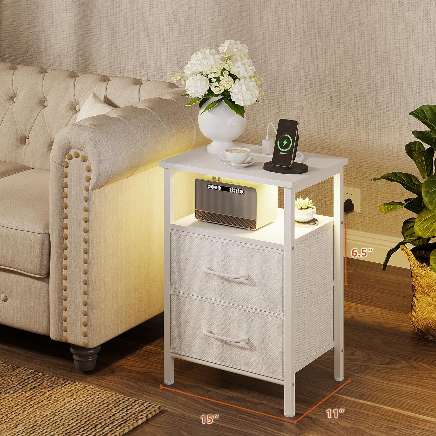 Nightstands Set of 2, Night Stand with Charging Station and Led Lights, Bedside Table with 2 Fabric Drawers for Bedroom, Small Side End Table with Open Shelf, White