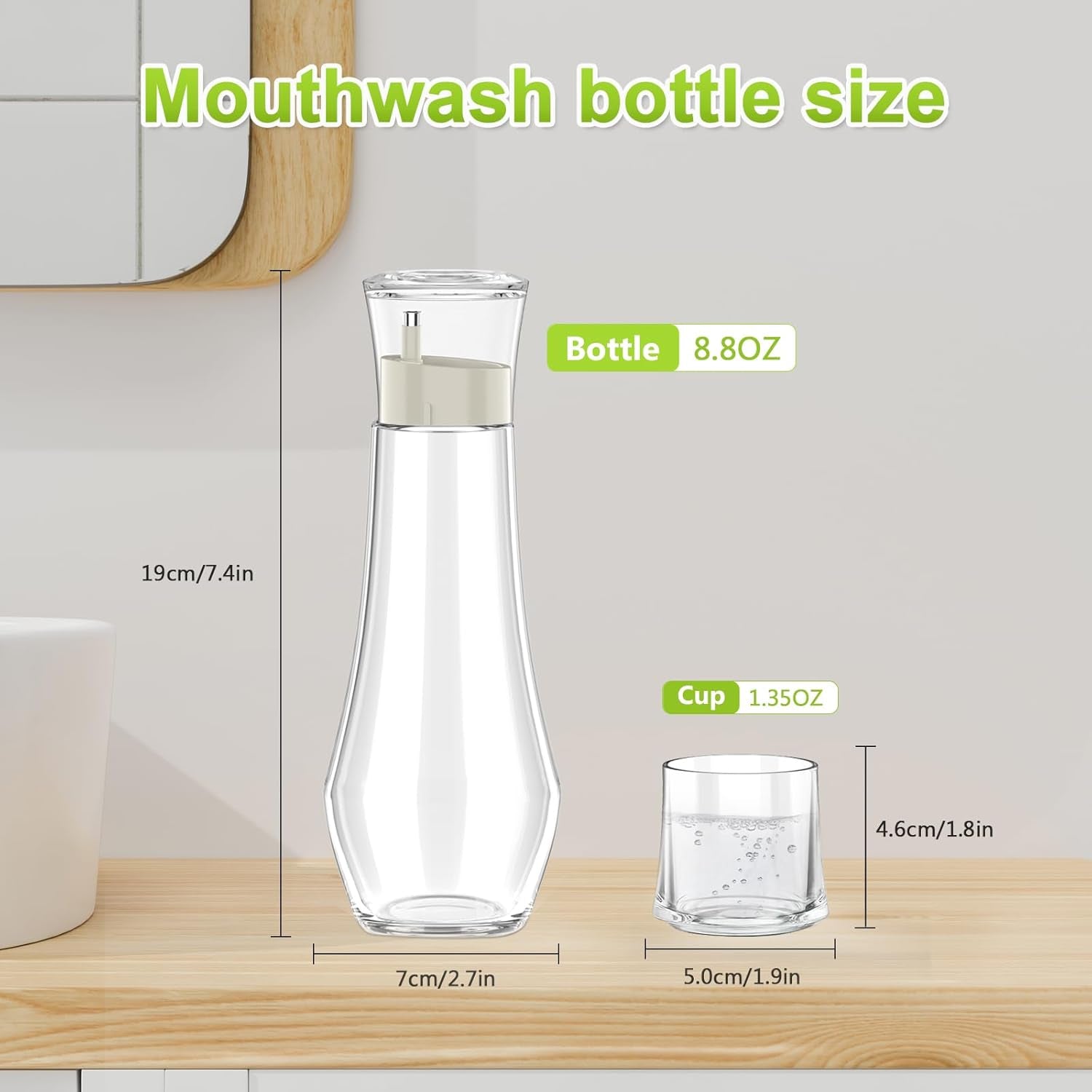 Professional Glass Mouthwash Dispenser for Bathroom - 8.8 Oz Refillable Container with Lid Cup, Compact Clear Bottle for Countertop Use
