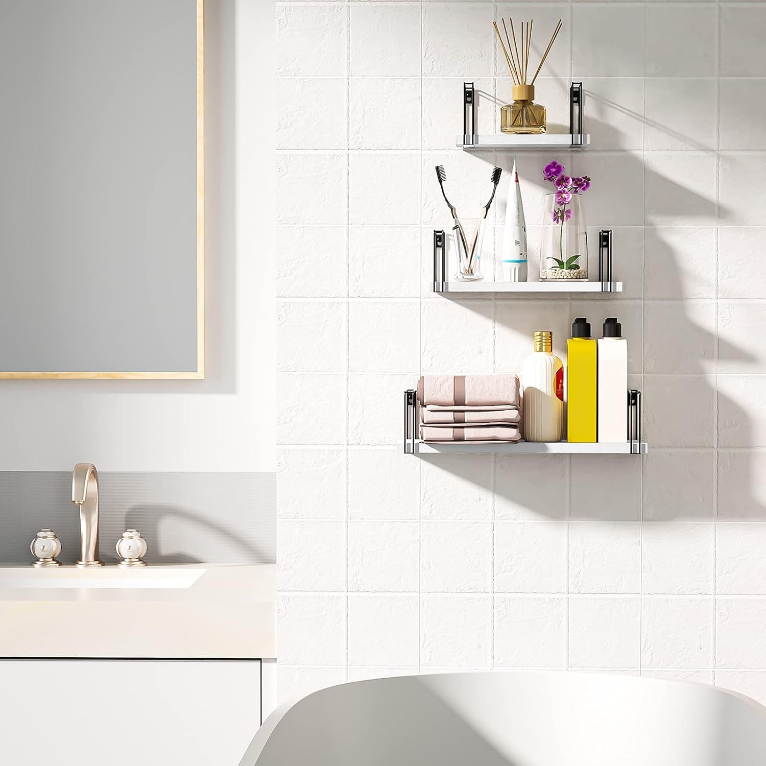 Set of 3 White Floating Wall Shelves - 17 Inch Rustic Wood Decorative Shelves for Bedroom, Bathroom, Laundry Room, Living Room, Kitchen, and Office