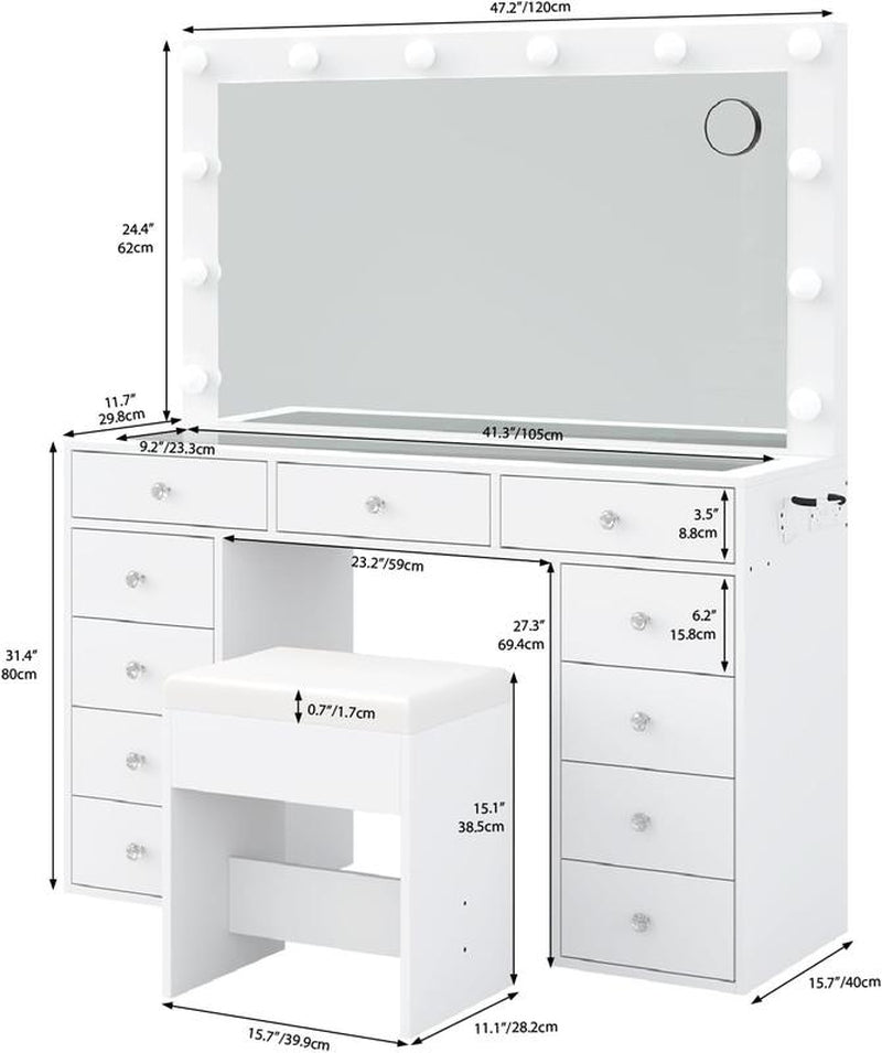 FUSOU 47" Vanity Desk with 11 Drawers, Power Outlet, Mirror, 12 LED Lights, 3 Lighting Modes, Glass Top, and Chair - Ideal Dressing Table for Bedroom and Dressing Room
