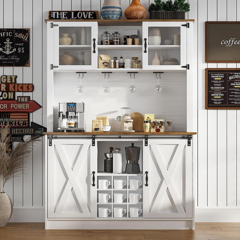 HOMBCK 72-Inch Farmhouse Coffee Bar Cabinet with Glass Doors and 9 Wine Racks for Living Room