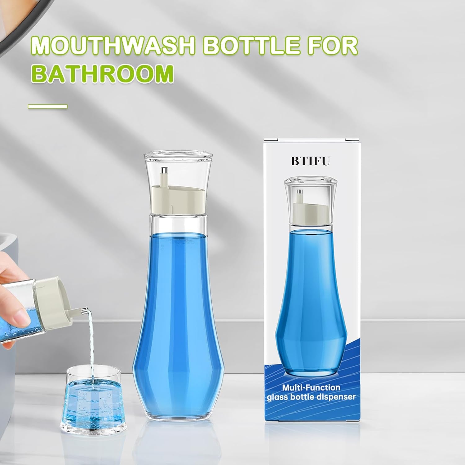 Professional Glass Mouthwash Dispenser for Bathroom - 8.8 Oz Refillable Container with Lid Cup, Compact Clear Bottle for Countertop Use