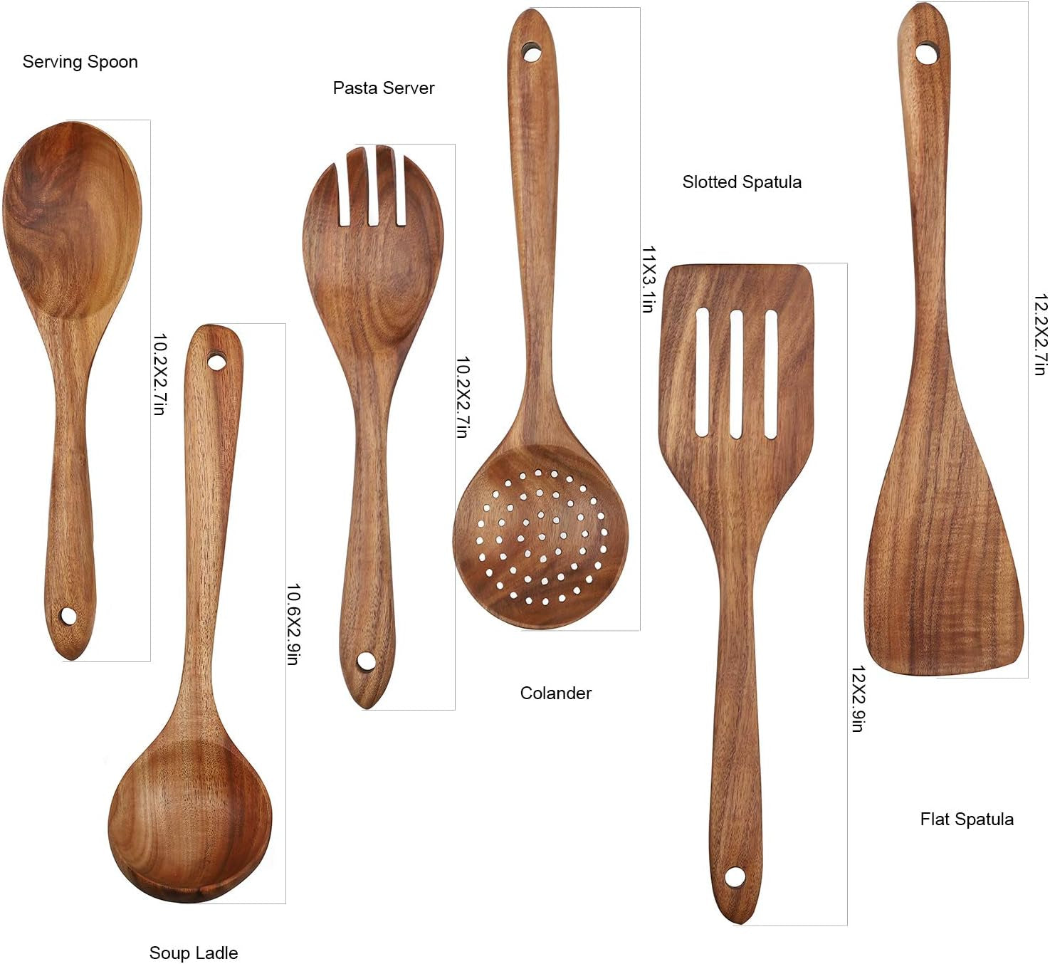 6-Piece Wooden Cooking Utensil Set for Non-Stick Cookware - Includes Spatula, Fork, Turner, Ladle, and Strainer Spoons