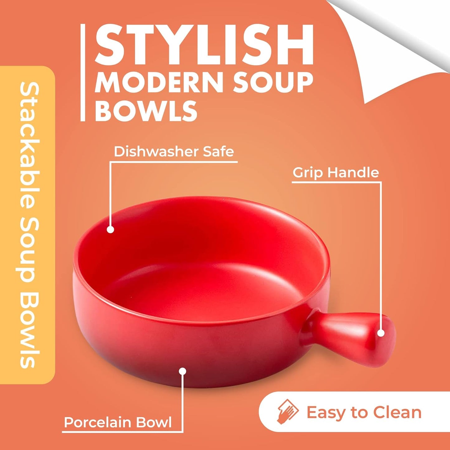 Set of 4 Red 20 Oz Round Flat Porcelain Soup Bowls with Handles for French Onion Soup, Ideal for Kitchen or Dining Table Decor