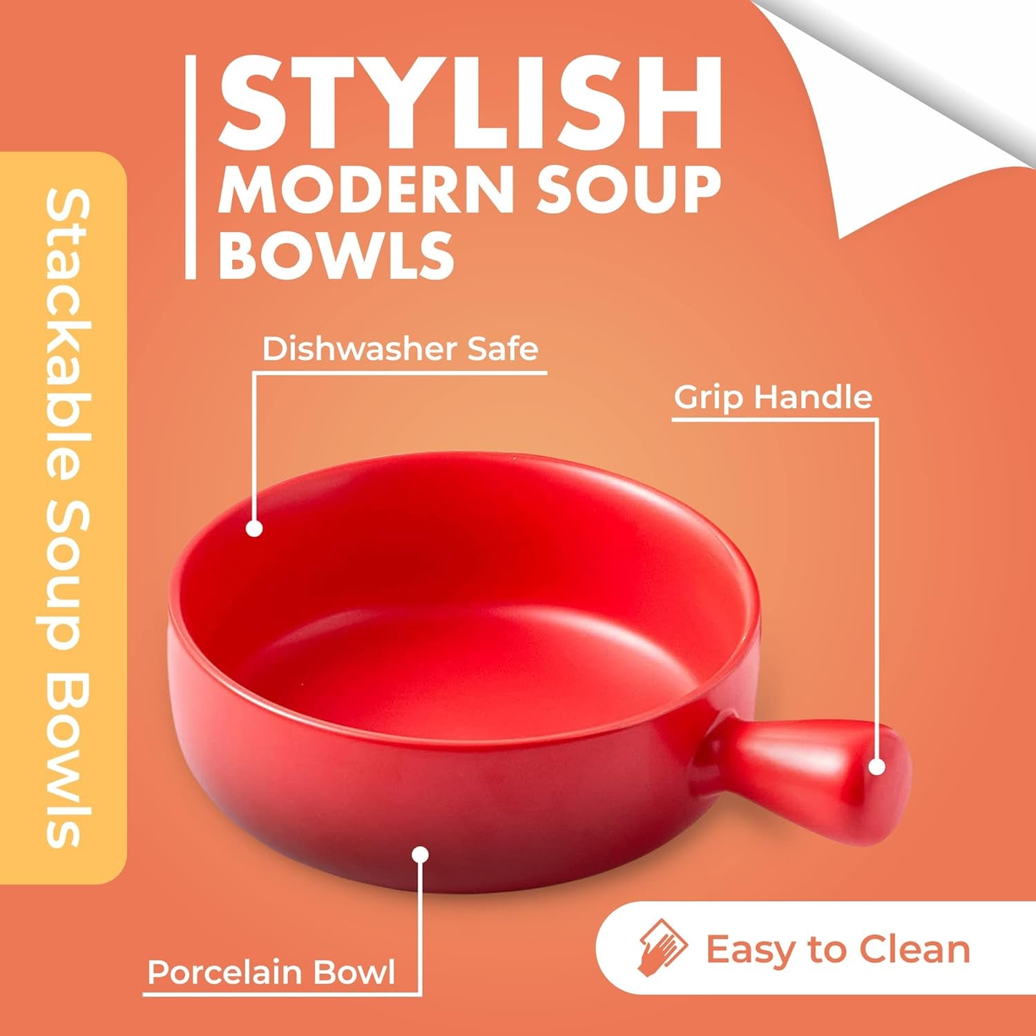 Set of 4 Red 20 Oz Round Flat Porcelain Soup Bowls with Handles for French Onion Soup, Ideal for Kitchen or Dining Table Decor