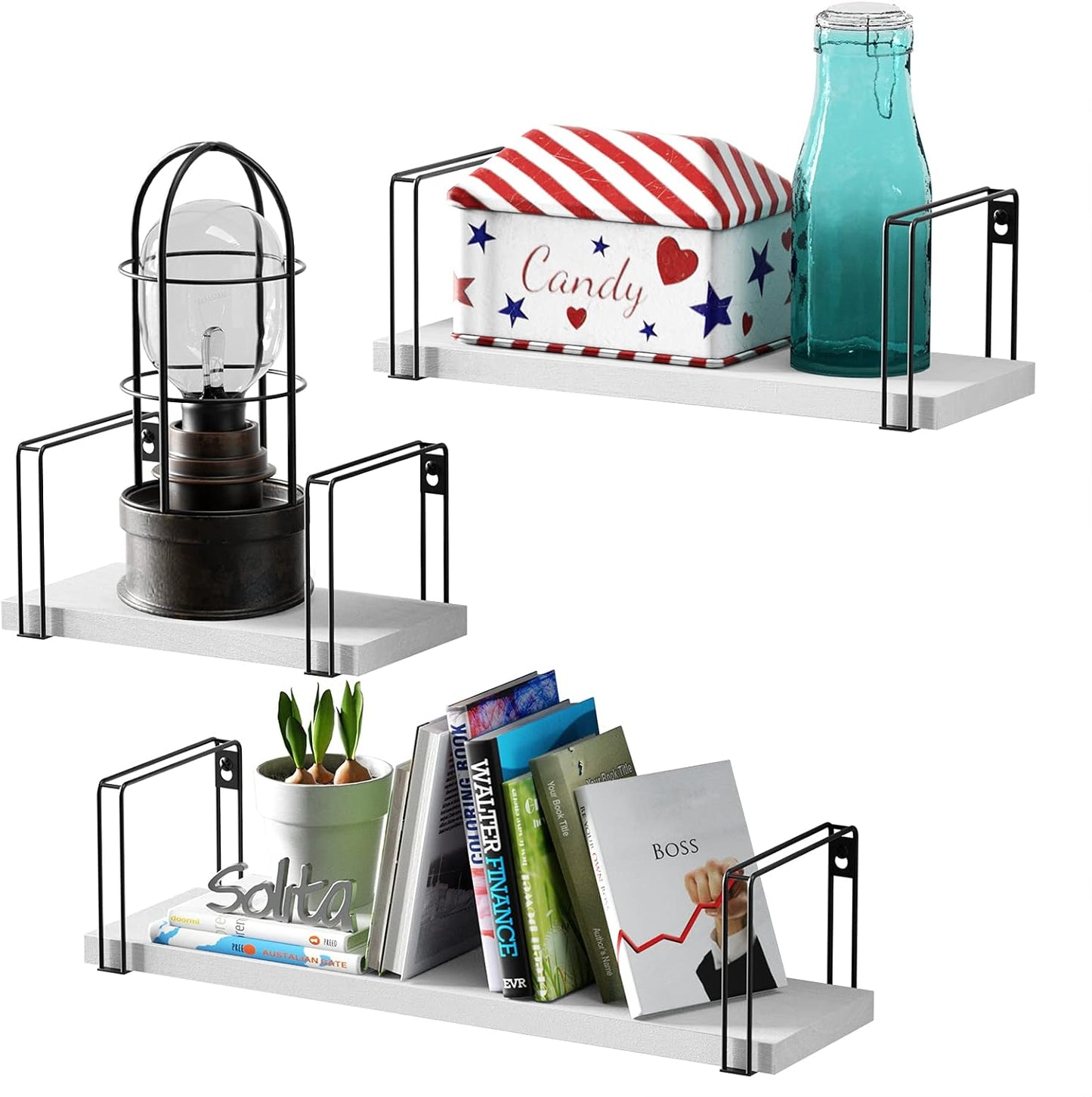 Set of 3 White Floating Wall Shelves - 17 Inch Rustic Wood Decorative Shelves for Bedroom, Bathroom, Laundry Room, Living Room, Kitchen, and Office