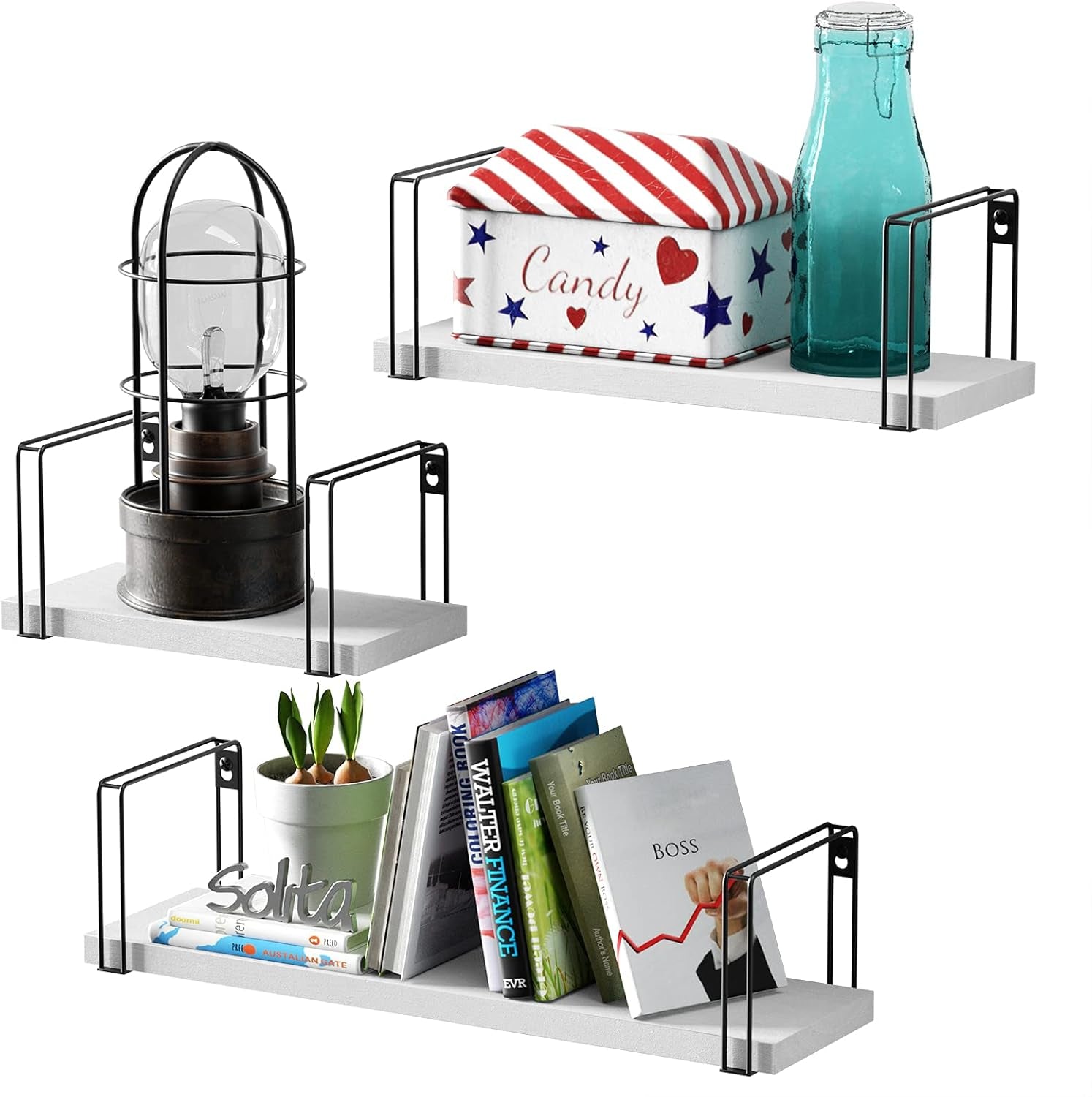 Set of 3 White Floating Wall Shelves - 17 Inch Rustic Wood Decorative Shelves for Bedroom, Bathroom, Laundry Room, Living Room, Kitchen, and Office