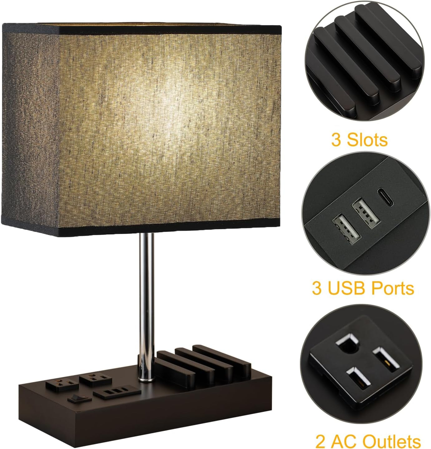 Multi-Functional USB Table Lamp with AC Outlets, USB Charging Ports, and Wooden Phone Stand Organizer - Ideal Nightstand Lamp for Bedroom with Black Shade