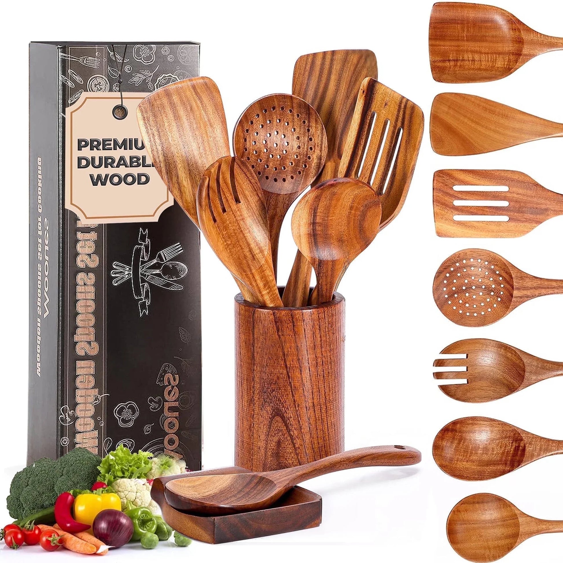 Natural Teak Wooden Cooking Utensil Set, 9-Piece Kitchen Collection with Holder and Spoon Rest, Ideal for Nonstick Pans and Cookware