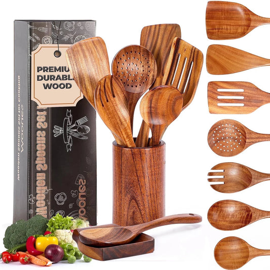 Natural Teak Wooden Cooking Utensil Set, 9-Piece Kitchen Collection with Holder and Spoon Rest, Ideal for Nonstick Pans and Cookware
