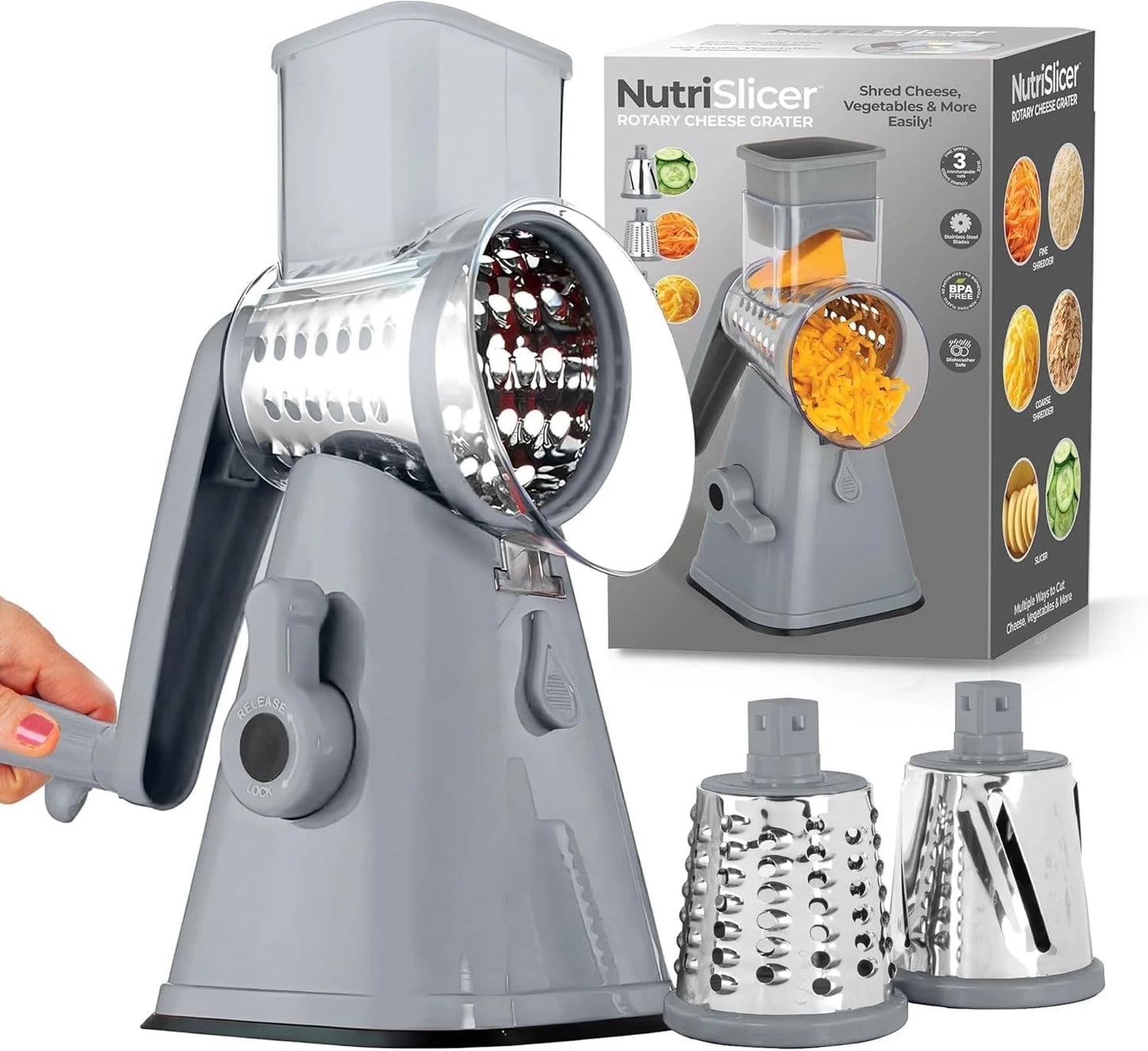 Nutrislicer Adjustable Rotary Cheese Grater and Vegetable Chopper with Slicing and Shredding Features