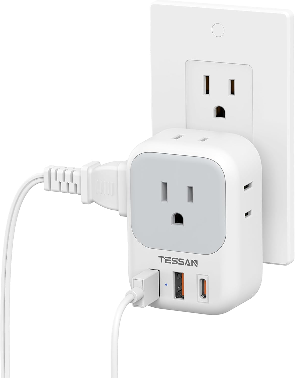 USB Charger Block - Wall Plug Adapter with 4-Outlet Splitter and 3 USB Charging Ports for Travel, Office, and Dorm Use