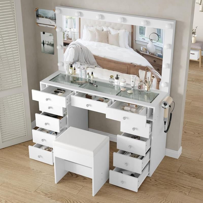 FUSOU 47" Vanity Desk with 11 Drawers, Power Outlet, Mirror, 12 LED Lights, 3 Lighting Modes, Glass Top, and Chair - Ideal Dressing Table for Bedroom and Dressing Room