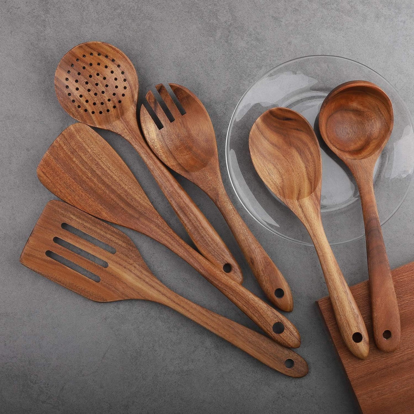 6-Piece Wooden Cooking Utensil Set for Non-Stick Cookware - Includes Spatula, Fork, Turner, Ladle, and Strainer Spoons