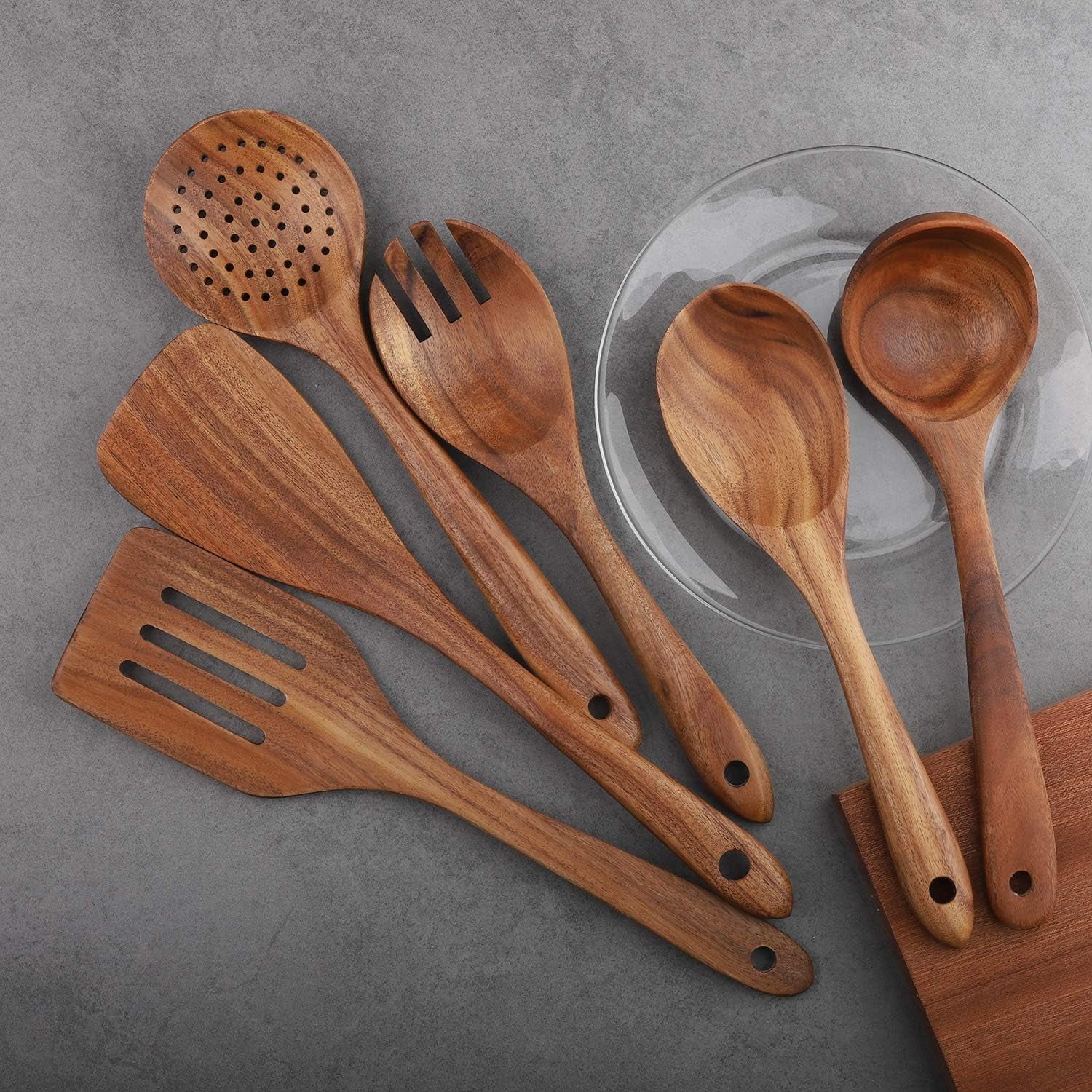 6-Piece Wooden Cooking Utensil Set for Non-Stick Cookware - Includes Spatula, Fork, Turner, Ladle, and Strainer Spoons