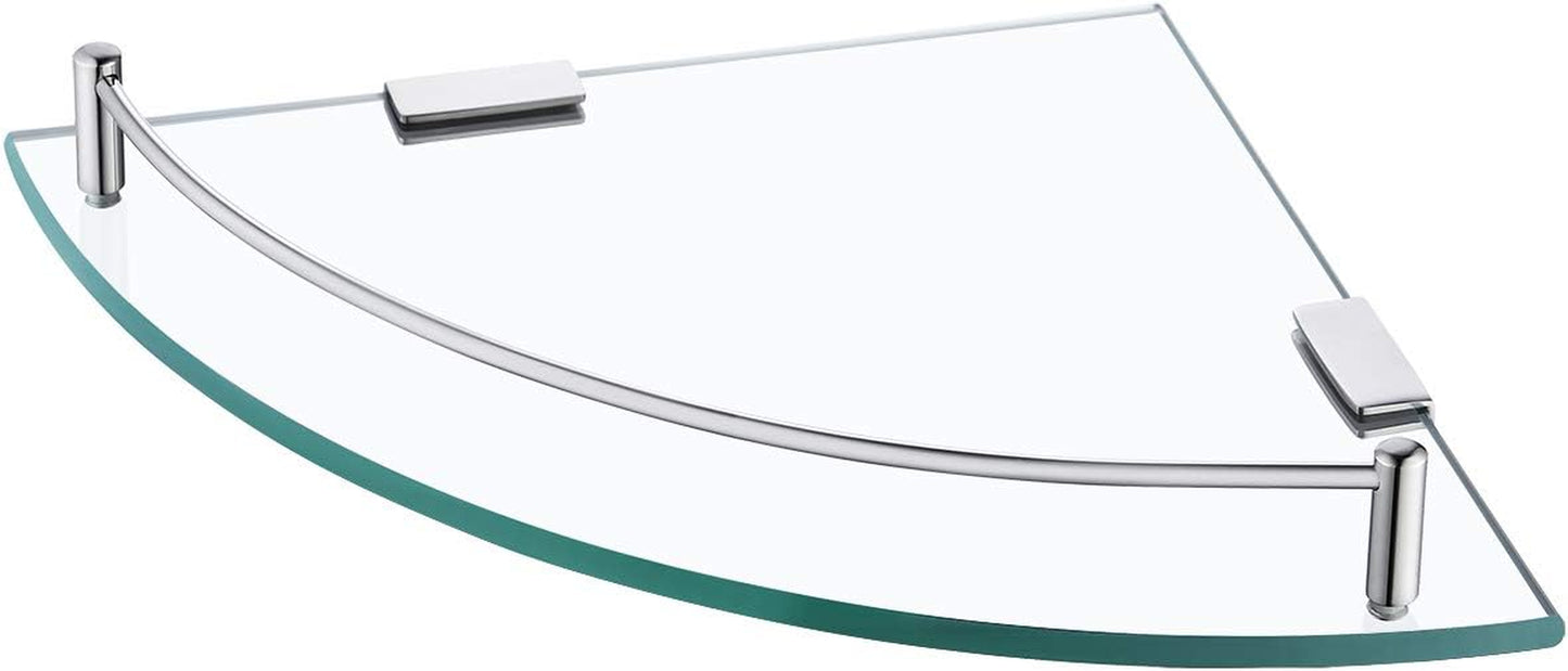 Tempered Glass Corner Shelf with Rail and SUS 304 Stainless Steel Floating Wall Mount Bracket in Brushed Gold, Model BGS2101A-BZ