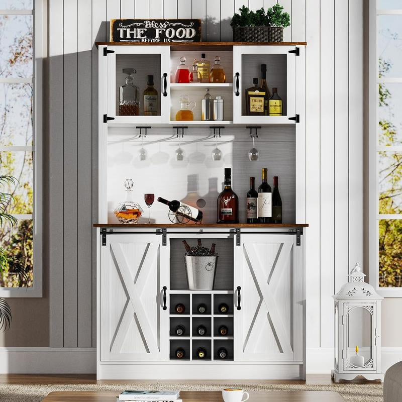 HOMBCK 72-Inch Farmhouse Coffee Bar Cabinet with Glass Doors and 9 Wine Racks for Living Room