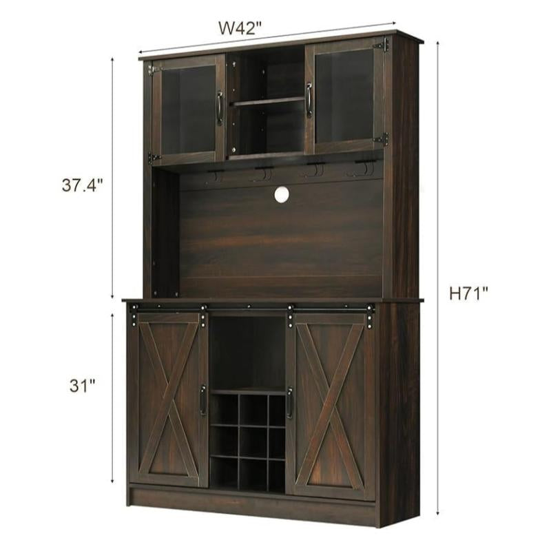 HOMBCK 72-Inch Farmhouse Coffee Bar Cabinet with Glass Doors and 9 Wine Racks for Living Room