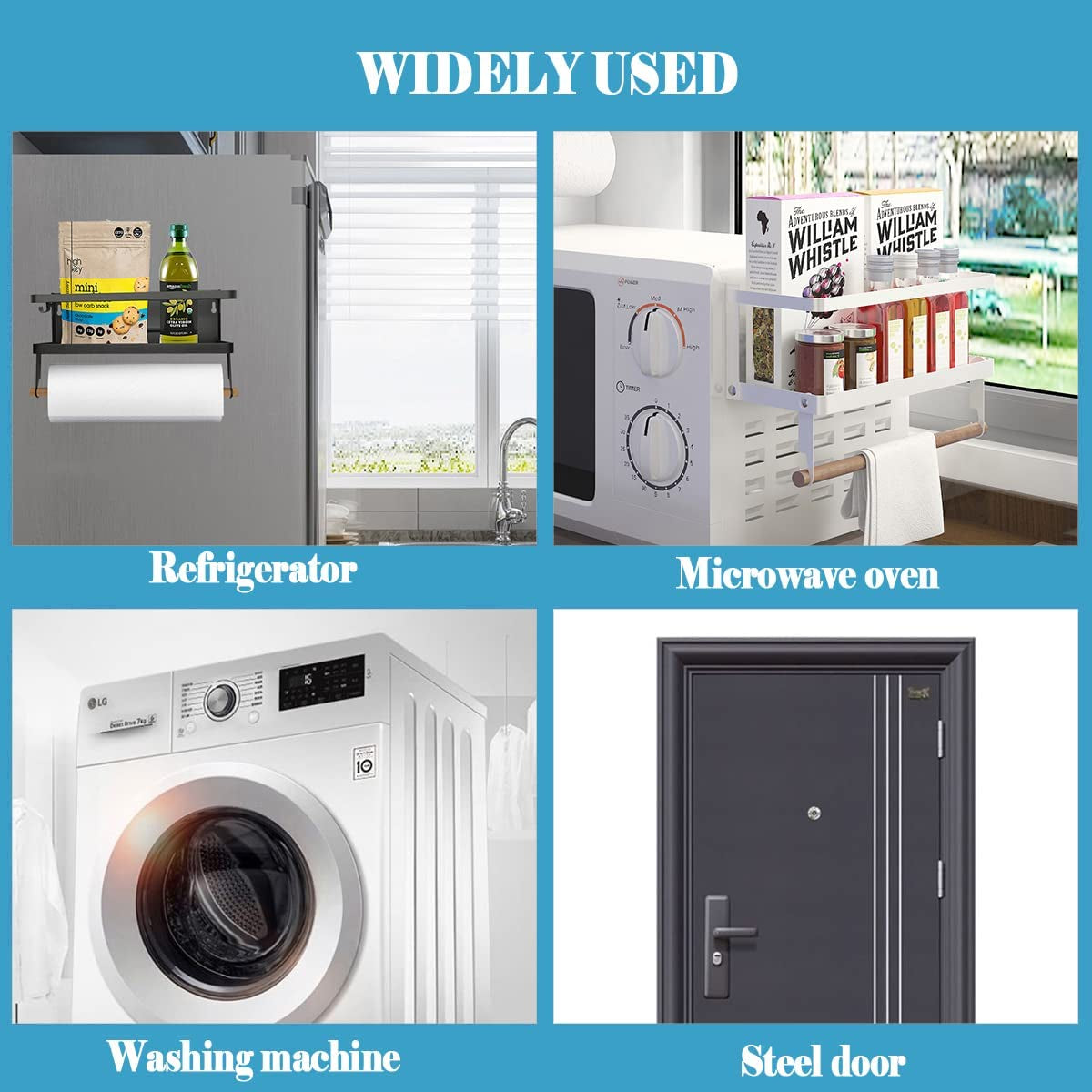 Magnetic Paper Towel Holder and Spice Rack with Hooks, Wall-Mounted Shelf for Refrigerator (Black)