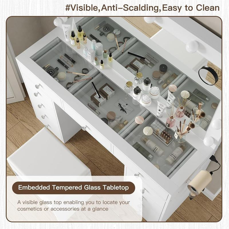 FUSOU 47" Vanity Desk with 11 Drawers, Power Outlet, Mirror, 12 LED Lights, 3 Lighting Modes, Glass Top, and Chair - Ideal Dressing Table for Bedroom and Dressing Room