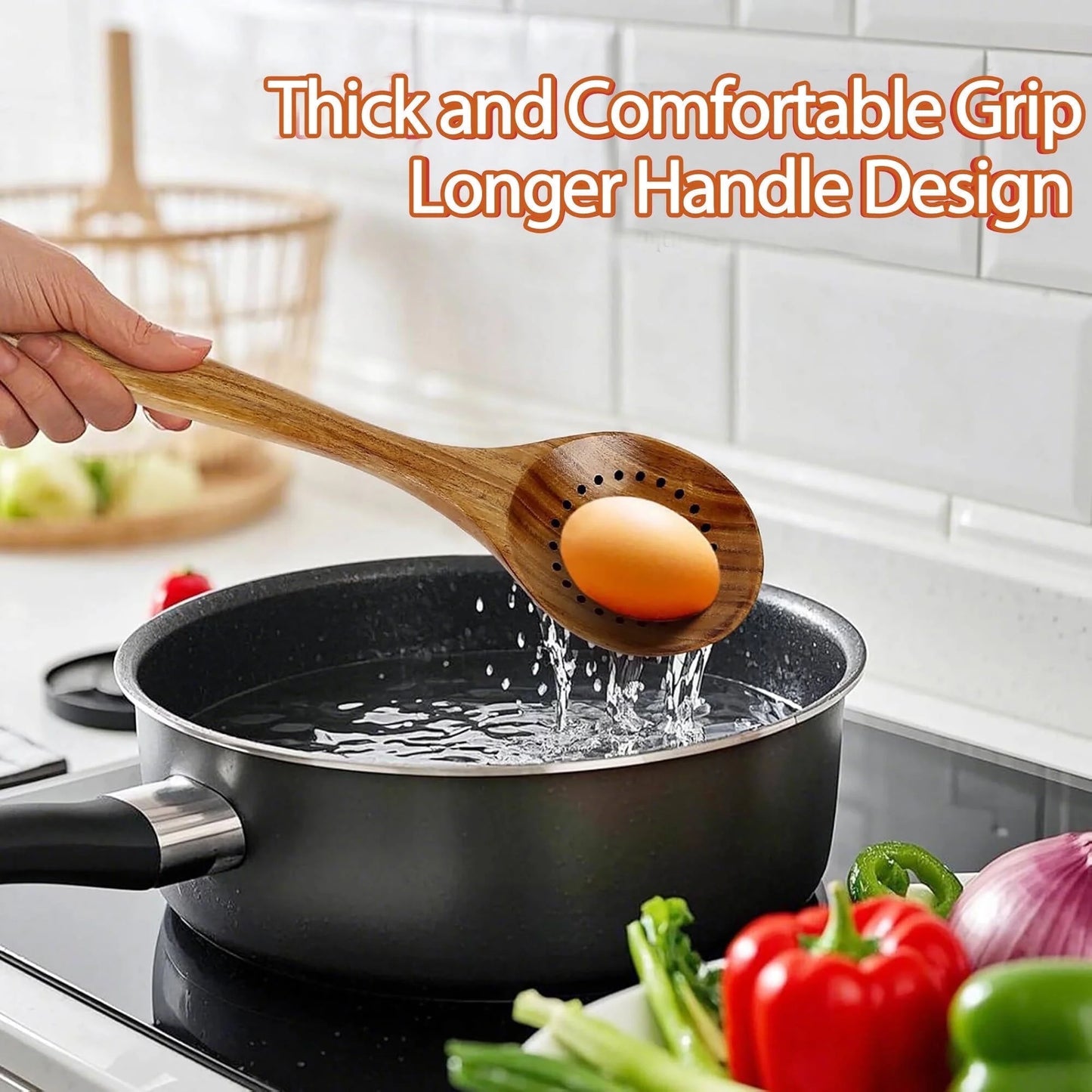 Natural Teak Wooden Cooking Utensil Set, 9-Piece Kitchen Collection with Holder and Spoon Rest, Ideal for Nonstick Pans and Cookware