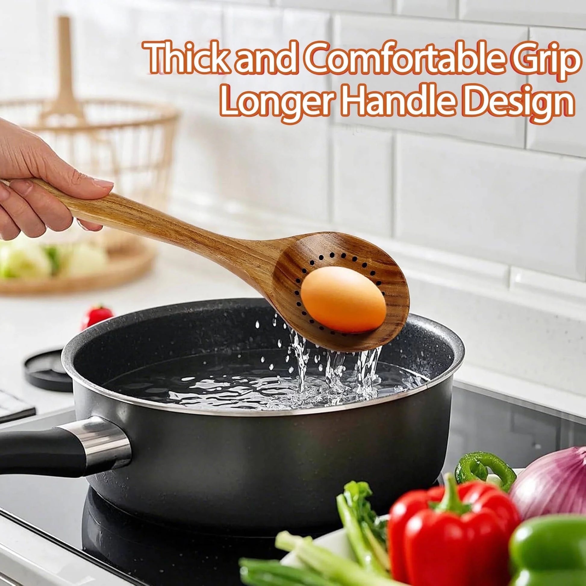 Natural Teak Wooden Cooking Utensil Set, 9-Piece Kitchen Collection with Holder and Spoon Rest, Ideal for Nonstick Pans and Cookware