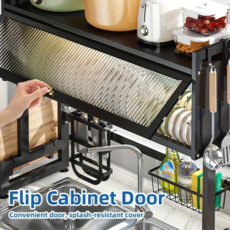 Over-Sink Dish Drying Rack - Versatile Utensil Holder with Knife Slot, Chopstick and Cutlery Drainer, Space-Saving Countertop Organizer for Hygienic Drying and Storage, Includes Protective Cover - Black