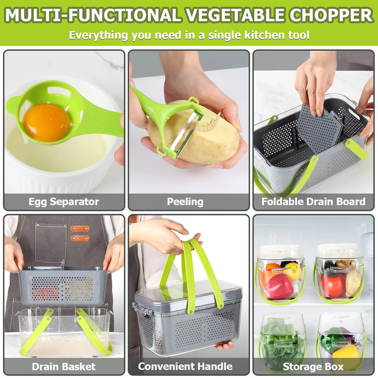 22-in-1 Multifunctional Vegetable Chopper and Dicer with Stainless Steel Blades, Container, and Colander Drain Basket